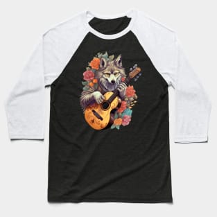 Grey Wolf Playing Guitar Floral Baseball T-Shirt